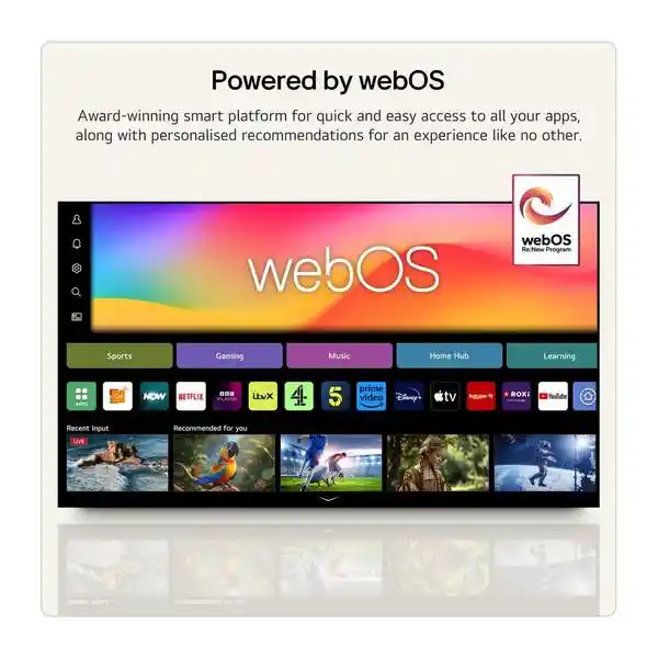 LG B6 55 inch OLED TV displaying webOS smart platform interface with colorful gradient background, app categories, and streaming service icons including Disney+, Apple TV, and gaming options