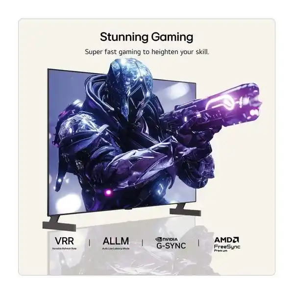 LG B6 55 inch OLED TV displaying stunning gaming visuals with a futuristic armored character wielding a purple energy weapon emerging from screen, highlighting VRR ALLM NVIDIA G-SYNC and AMD FreeSync gaming features
