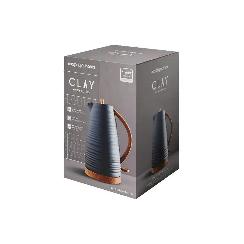 Morphy Richards Clay Flint grey 1.7 litre jug kettle with textured dark grey ceramic body and wooden base handle displayed in retail packaging