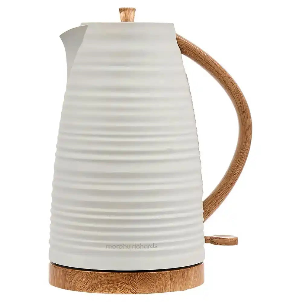 Morphy Richards Clay Flint white jug kettle with wood grain handle and base, 1.7 litre capacity, featuring horizontal ridge texture design
