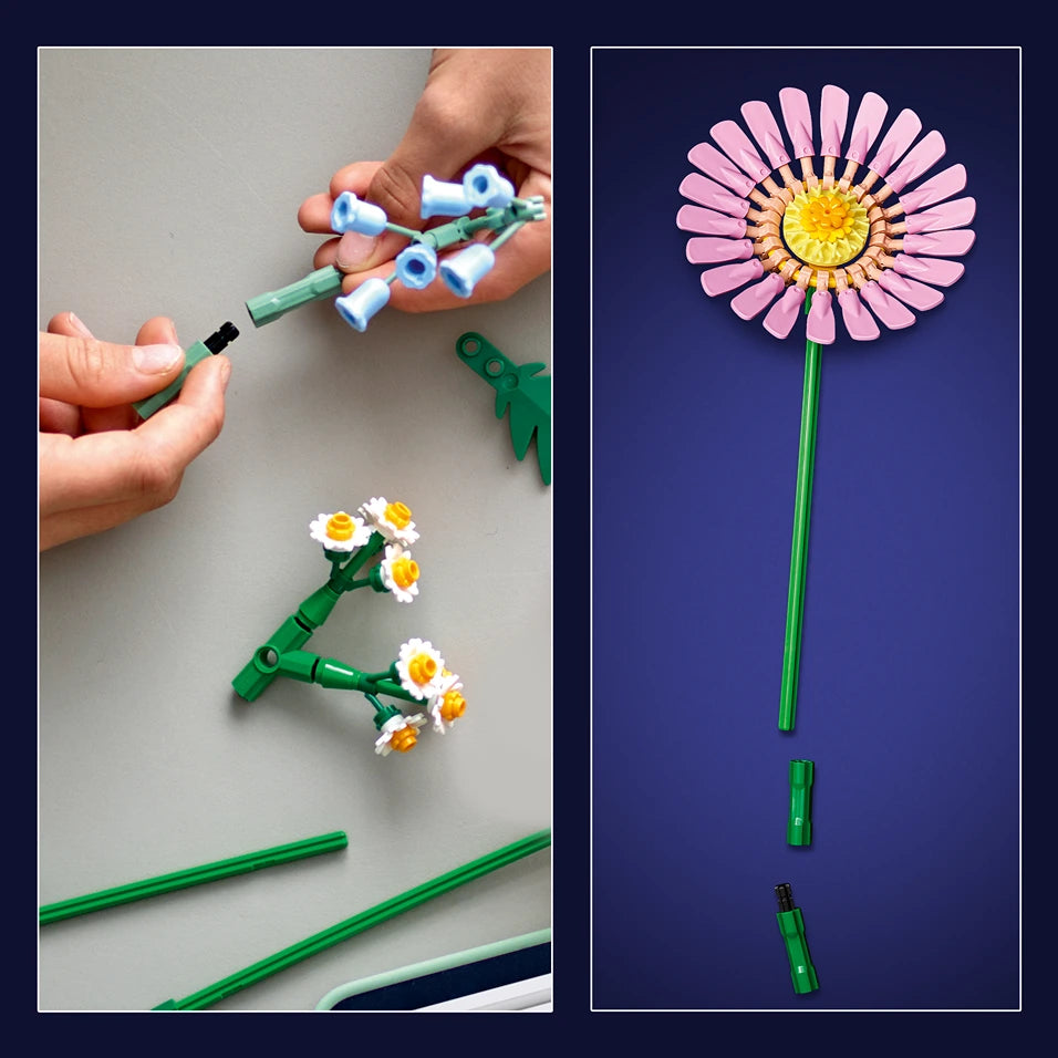LEGO Petite Sunny Bouquet 10347 showing assembly process on left with hands connecting green stem pieces and white daisy flowers with yellow centers, and finished pink daisy flower with yellow center on green stem displayed against dark blue background on right