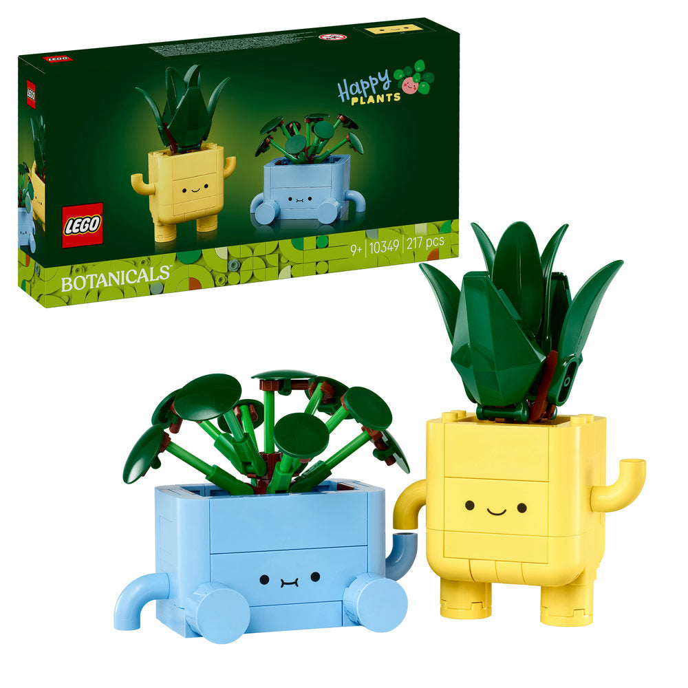 LEGO Happy Plants 10349 set showing two buildable potted plant characters - a yellow cactus planter with green leaves and a blue plant pot with green foliage, displayed alongside original packaging box featuring Happy Plants branding, 217 pieces, ages 9+