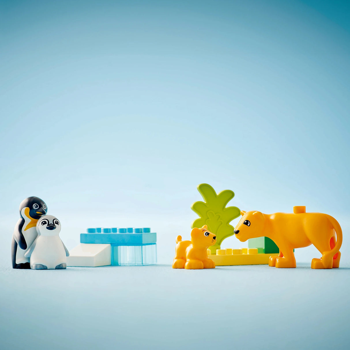 LEGO Duplo Wild Animal Families set 10442 featuring black and white penguin figures with a blue igloo structure on the left and orange lion family figures with a green palm tree element on the right against a light blue background