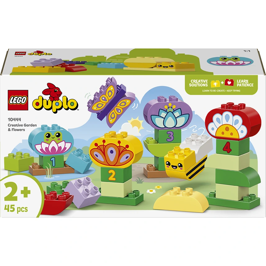LEGO DUPLO Creative Garden & Flowers set 10444 featuring 45 colorful building pieces including numbered flower blocks with cute faces, purple butterfly, green stems and leaves on white background for ages 2 plus