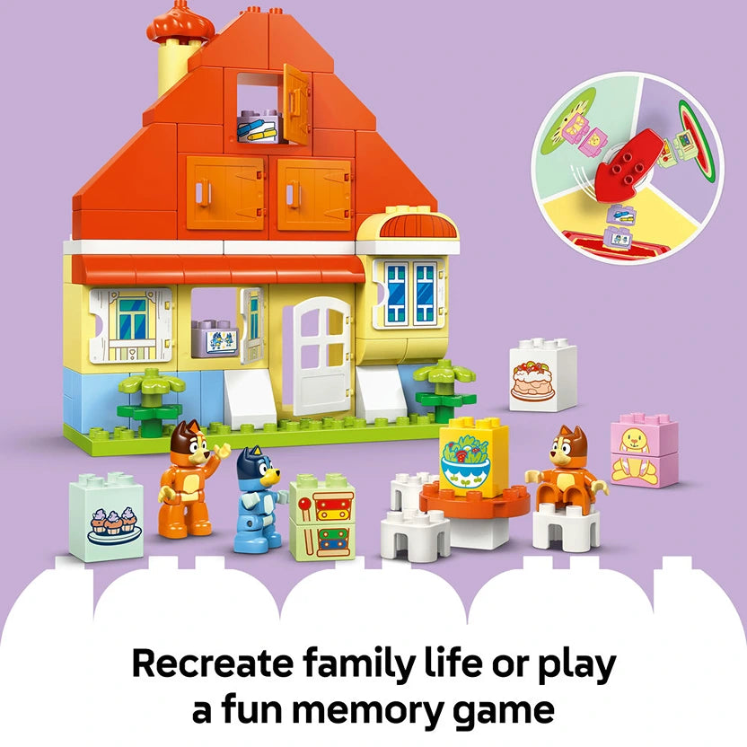 LEGO Bluey's Family House building set featuring a colorful orange and yellow house with blue accents, including minifigures of Bluey and family characters, furniture pieces, and a circular memory game wheel on purple background