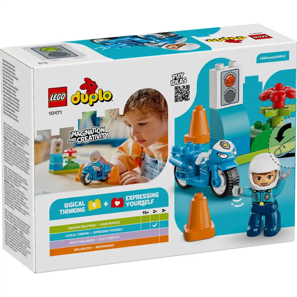 LEGO DUPLO Blue Police Motorcycle set 10471 with police officer minifigure, blue motorcycle, orange traffic cones, and colorful building blocks on product packaging box