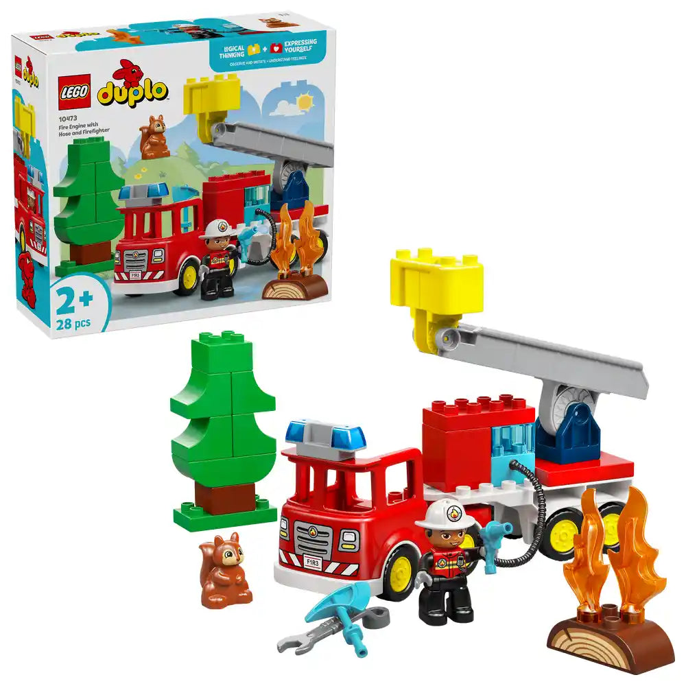 LEGO Duplo Fire Engine set 10473 featuring red fire truck with yellow wheels, firefighter minifigure, green pine tree, brown bear, blue water hose, yellow ladder attachment, and orange flames, 28 pieces for ages 2 plus