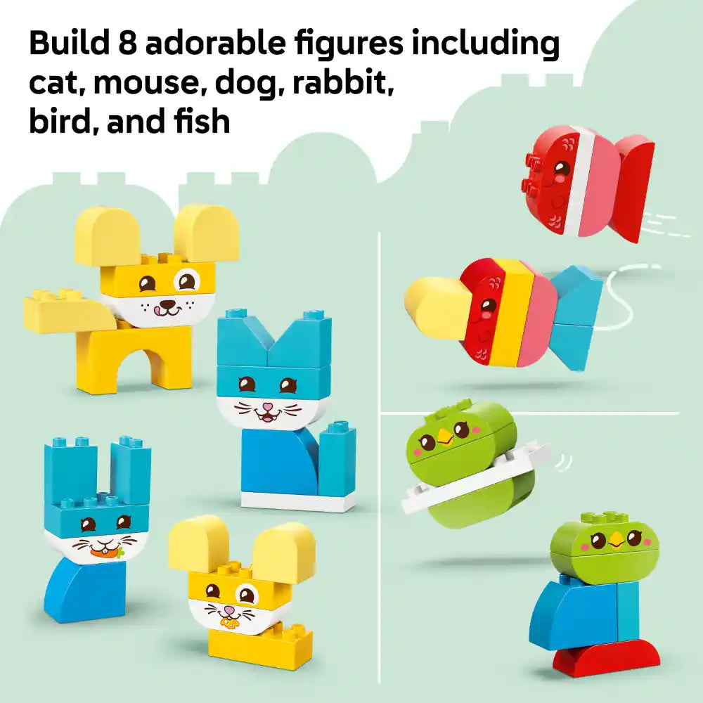 LEGO DUPLO colorful building blocks forming 8 adorable animal figures including yellow cat and mouse with large ears, blue cat and rabbit heads, red and yellow fish with fins, and green caterpillar creatures on blue base, displayed against soft green background