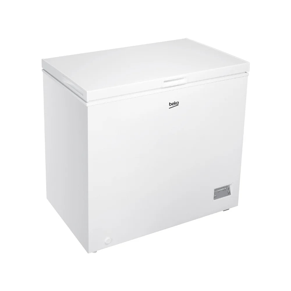 Beko CF4198W white chest freezer with 198 litre capacity, featuring a hinged top lid, digital temperature control panel on front, and compact rectangular design