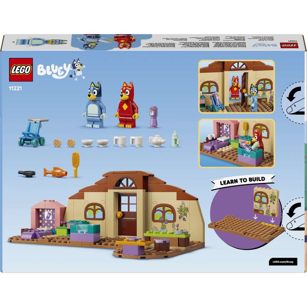 LEGO Bluey School with Rusty and Bluey 11221 - the back of the box showing play features and box contents. 106 pieces. Ages 4+.