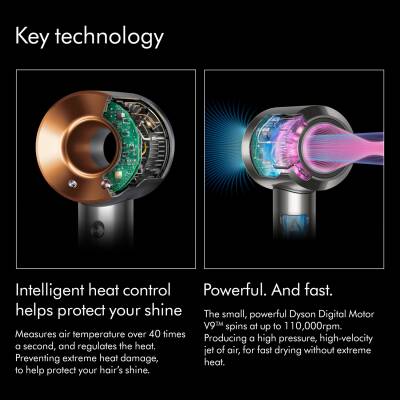 Dyson Supersonic Origin hair dryer showing key technology features with intelligent heat control copper element on left and powerful digital motor with pink airflow visualization on right, nickel and copper design