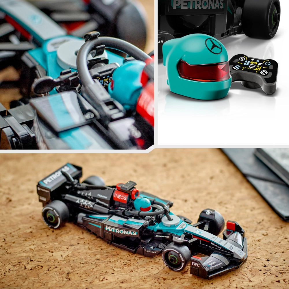 LEGO Mercedes-AMG F1 W15 Race Car set 77244 showing turquoise and black Formula 1 car model with steering wheel detail, turquoise racing helmet with red visor, black remote control handset, and fully assembled car on cork surface alongside individual components