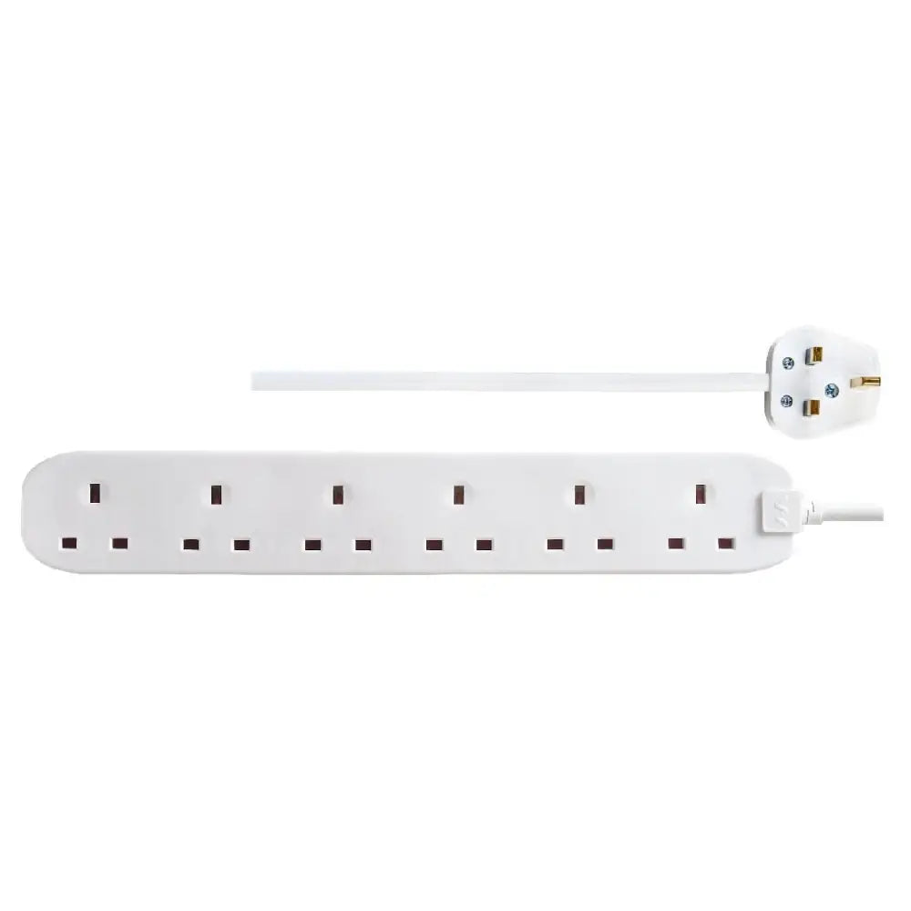 White 6 socket extension lead with 2 metre cable and UK 3-pin plug by Masterplug, featuring brown socket outlets and power switch on rounded rectangular base