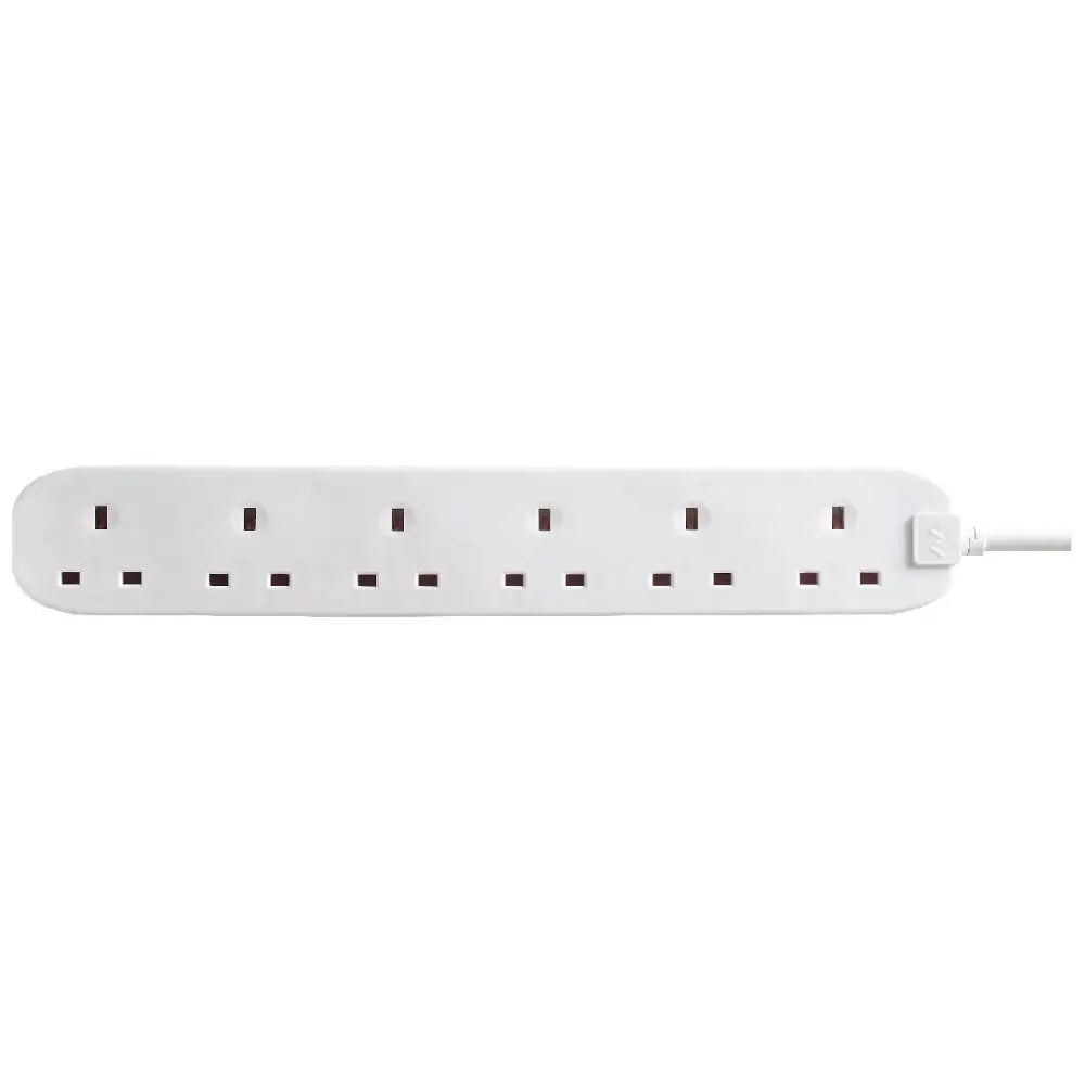 White Masterplug 6 socket extension lead with 2 metre cable, showing rounded rectangular power strip with black outlet sockets and white power cord