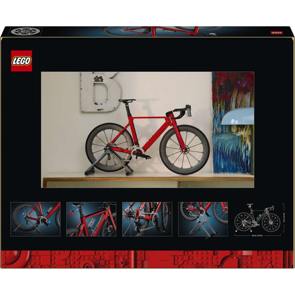 LEGO Icons Road Bike 11380 - the back of the box showing play features and box contents. 1015 pieces. Ages 18+.