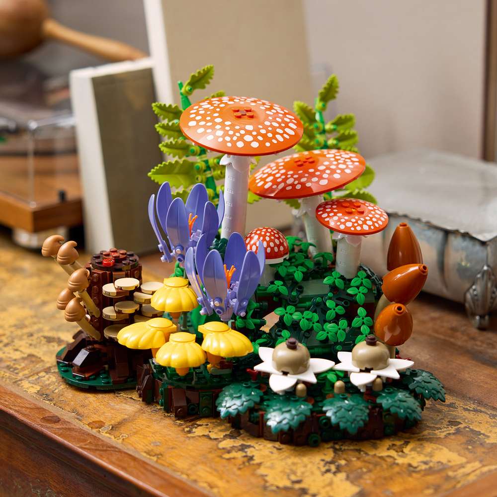 LEGO Botanicals Woodland Mushrooms 11505 - close-up detail of the finished build. 806 pieces. Ages 18+.