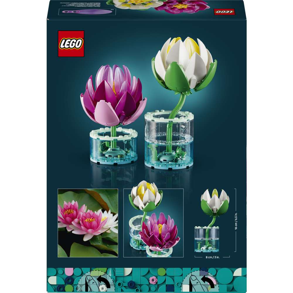 LEGO Botanicals Water Lilies 11511 - the back of the box showing play features and box contents. 259 pieces. Ages 9+.