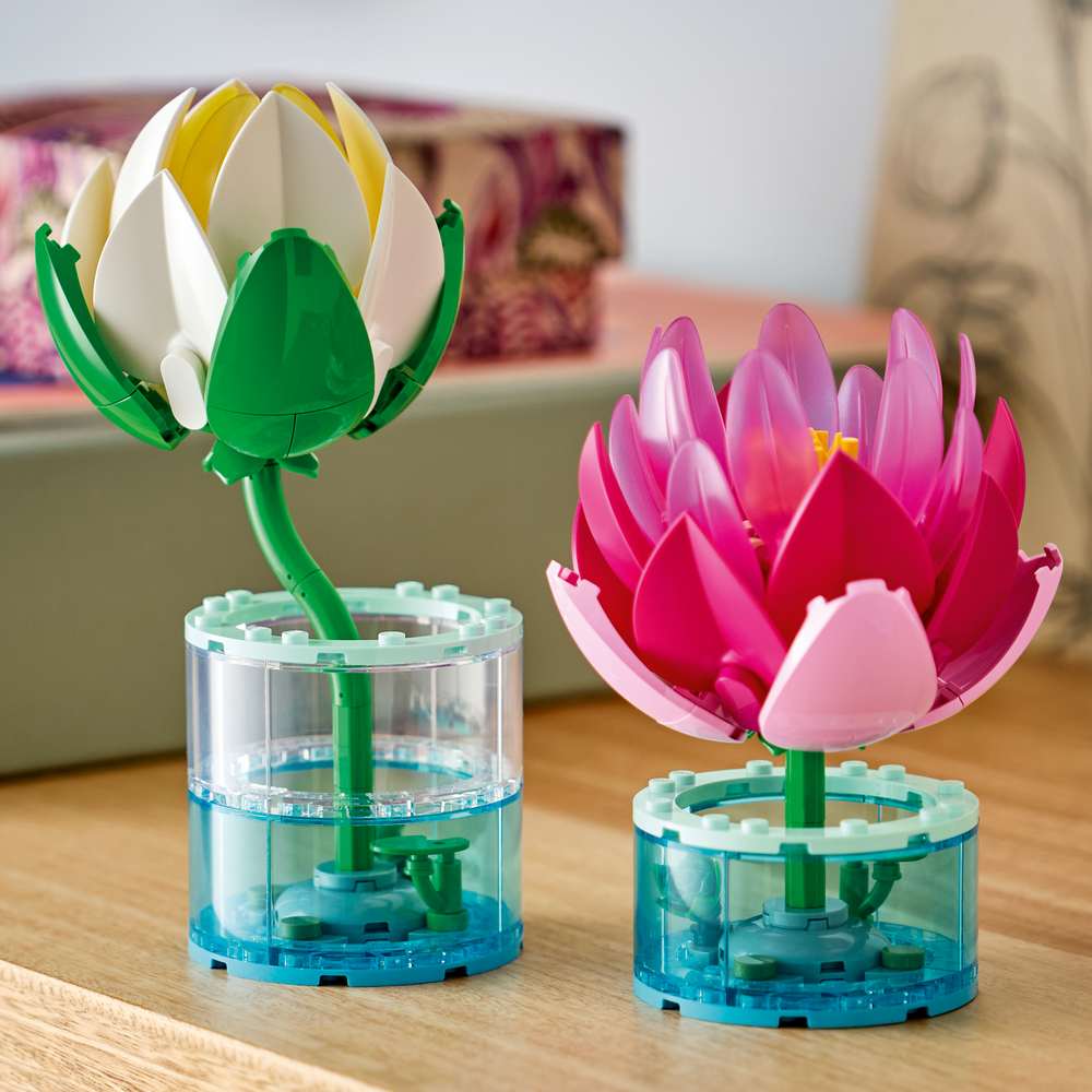 LEGO Botanicals Water Lilies 11511 - the finished build shown in a home setting. 259 pieces. Ages 9+.