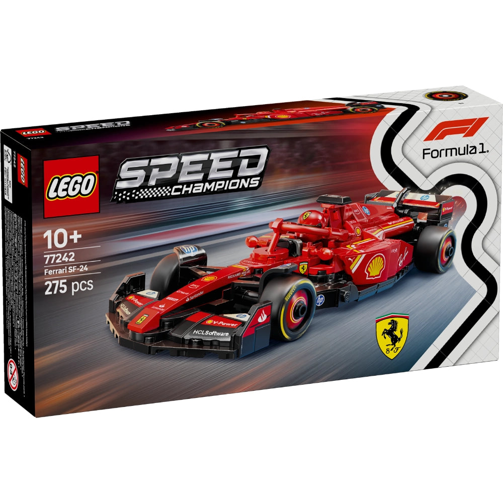 LEGO Speed Champions Ferrari SF-24 Formula 1 race car set 77242 with 275 pieces showing red and blue detailed F1 vehicle model on black and grey box packaging with Ferrari logo