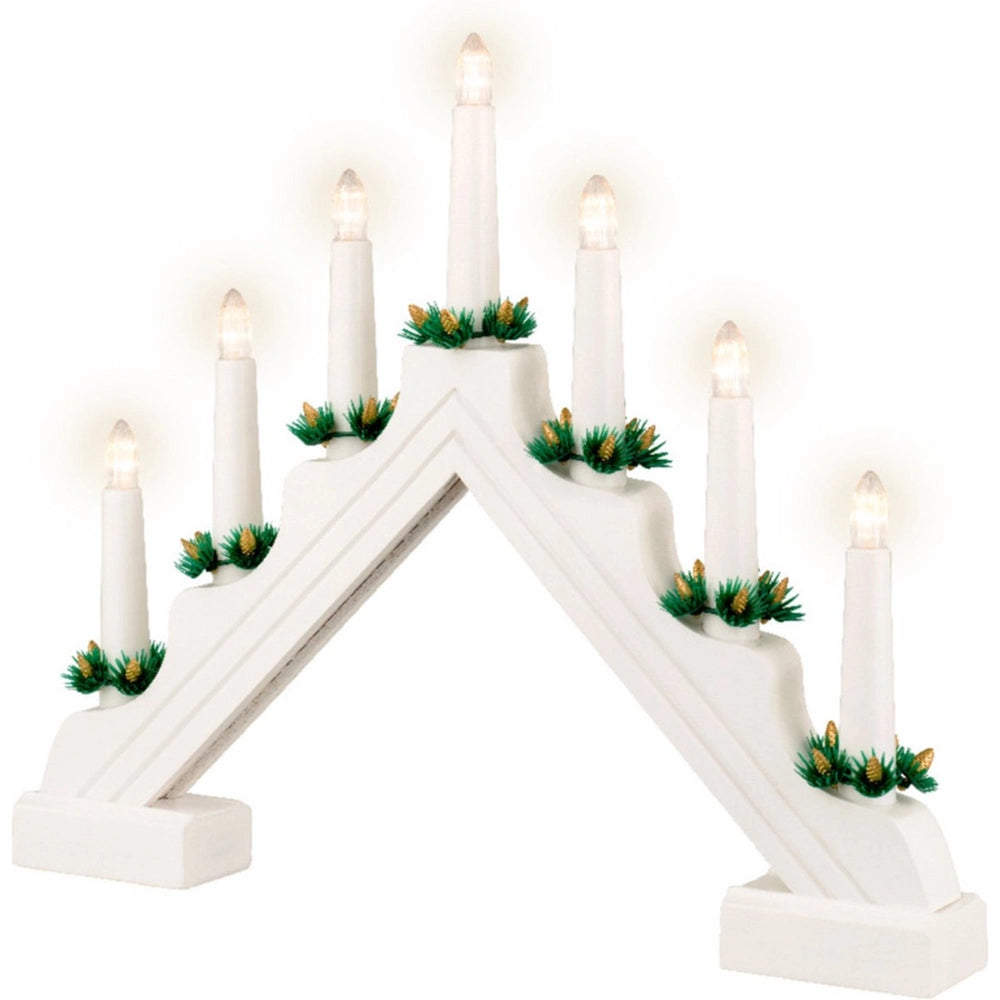 Lumineo Battery Operated Traditional 7 Light Wooden Christmas Candlebridge - White 