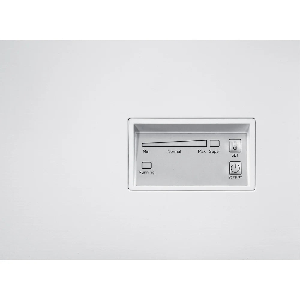 Close-up of white wall-mounted thermostat control panel with temperature settings slider marked Min Normal Max Super, SET button, Running indicator light, and OFF 3° power button