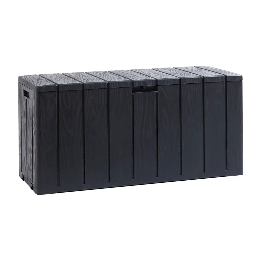 Large black plastic garden storage box with wood-grain textured lid, vertical ribbed design on sides, metal handles and drainage holes, 270 litre capacity outdoor storage container