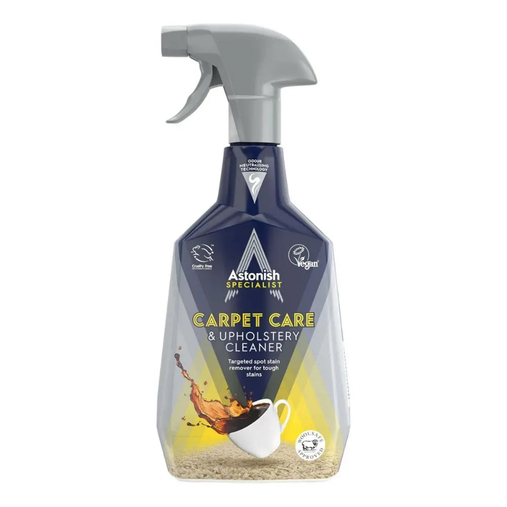 Astonish Specialist carpet care and upholstery cleaner spray bottle 750ml with gray trigger spray head and dark navy blue label featuring yellow text and coffee stain imagery