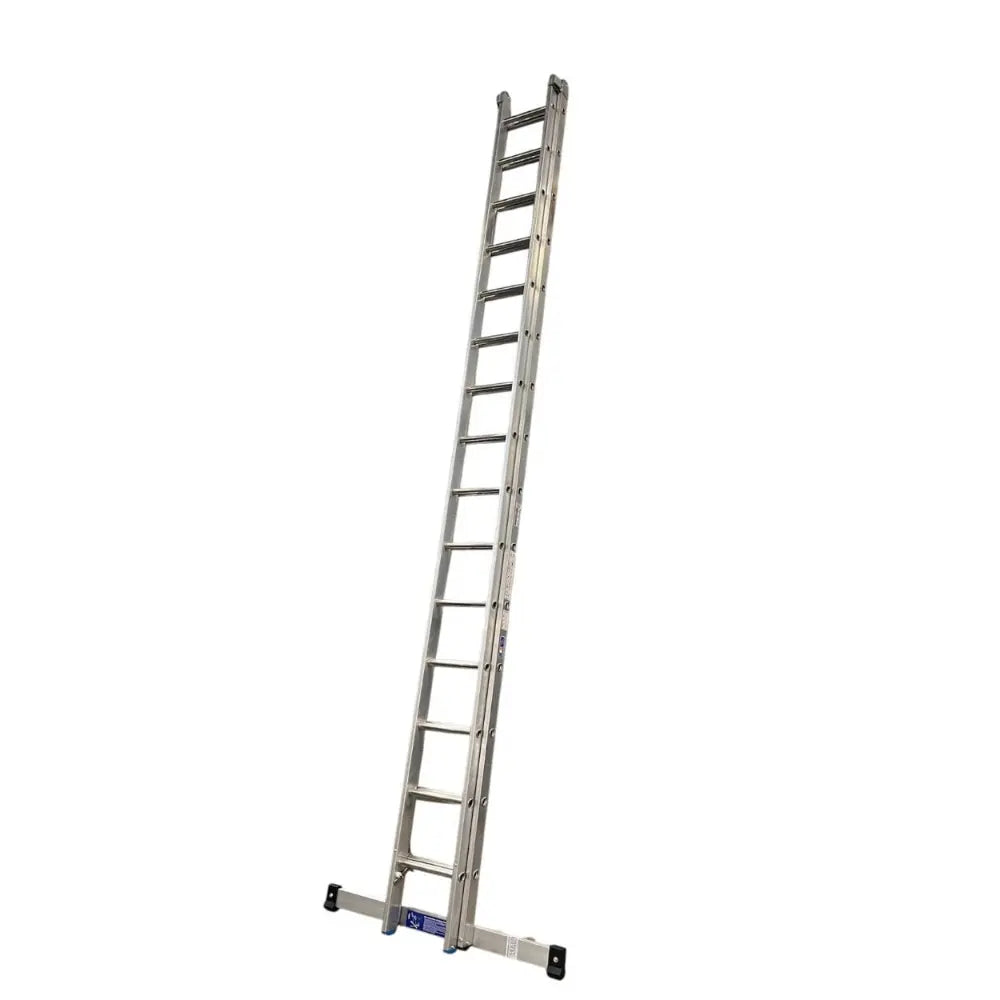 Stradbally 22ft two section aluminum extension ladder with silver metal rails and rungs, displayed against white background with stabilizer bar at base