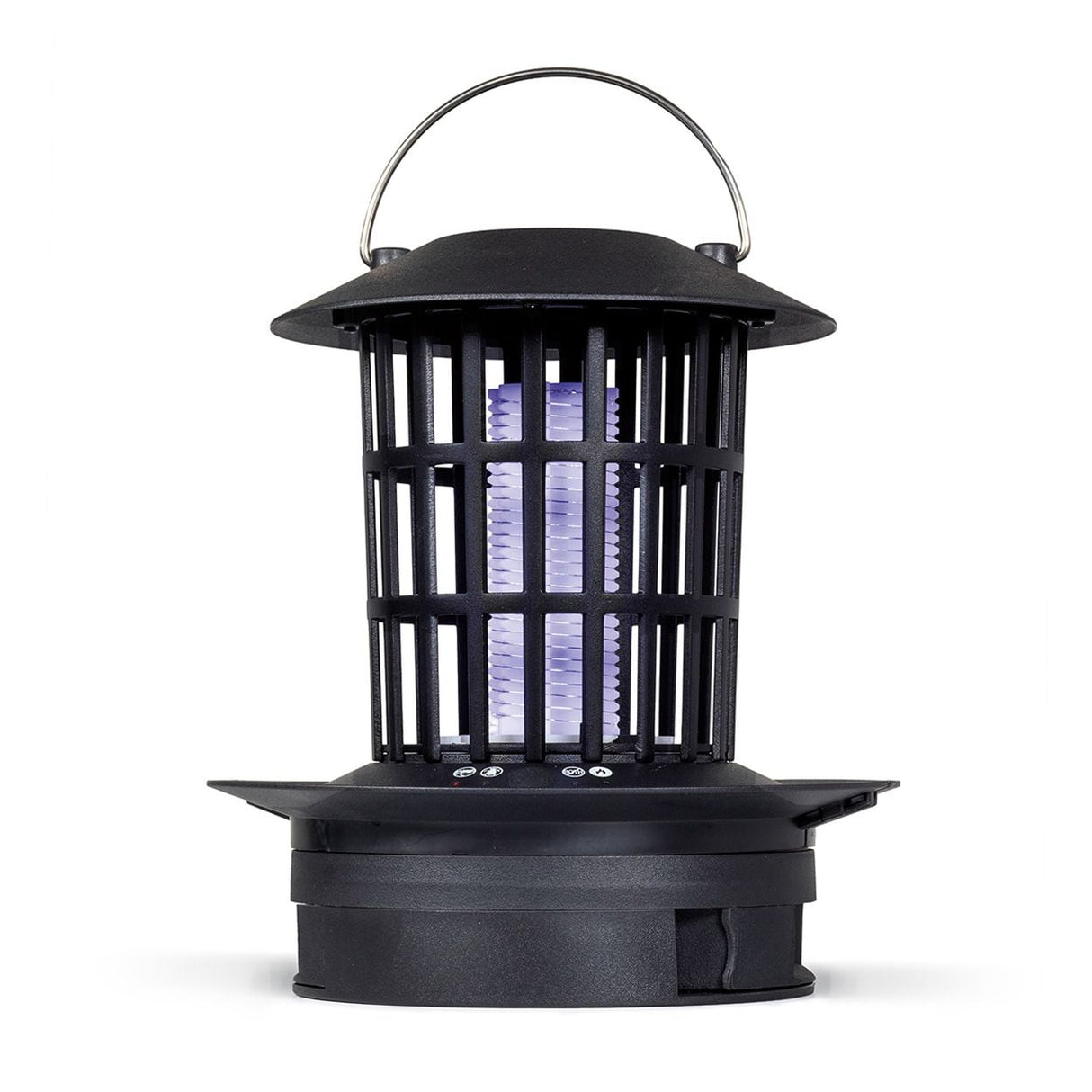 Black cylindrical electric insect killer with grid design, purple UV light tubes visible inside, metal carrying handle on top, and wide base, isolated on white background
