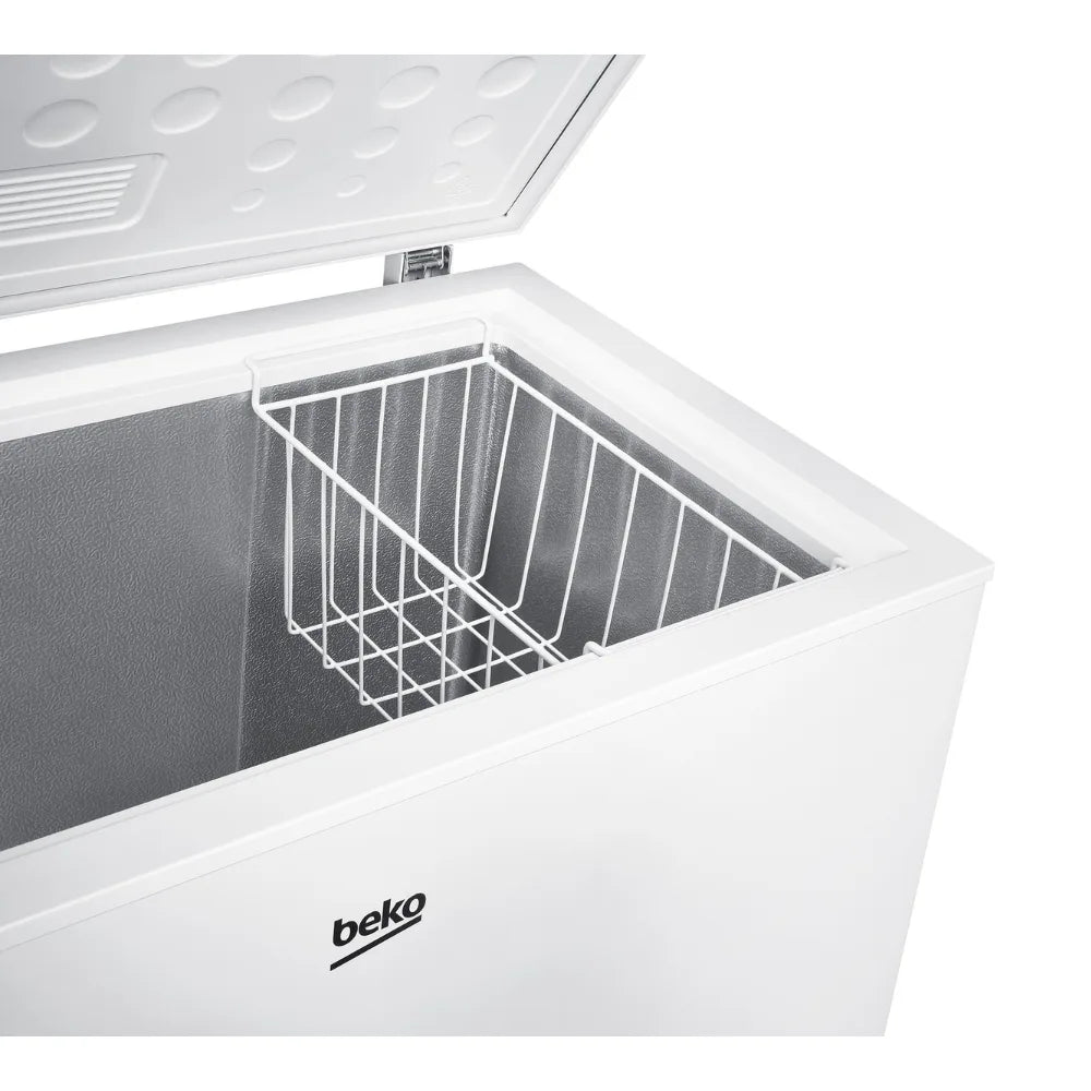 Beko CF4198W white chest freezer with open lid showing gray interior, white wire basket and temperature control dial