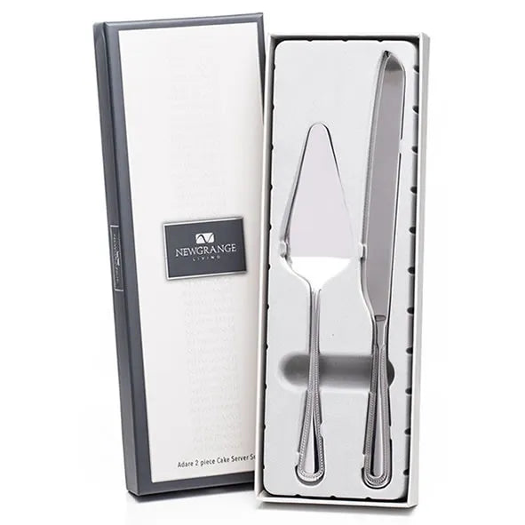 Newgrange Living Adare 2-piece stainless steel cake server set in gift box with ornate handles displayed open showing server and spreader utensils