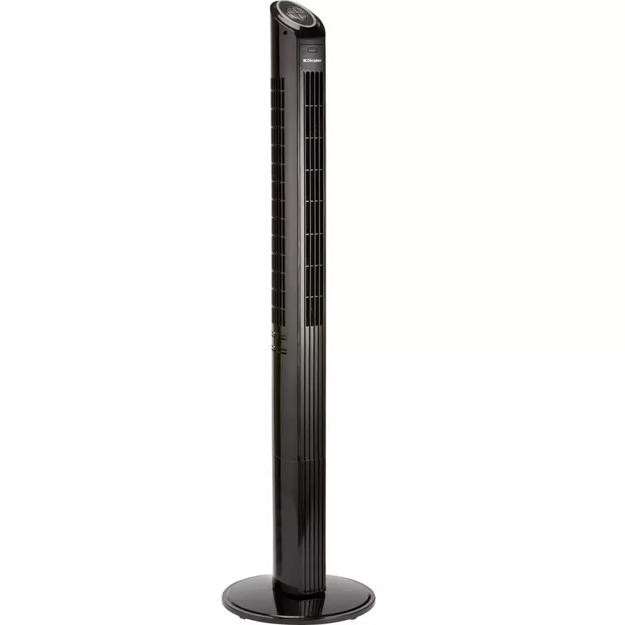 Black Dimplex Mont Blanc tower fan with vertical slat design and circular base, featuring a control dial on top