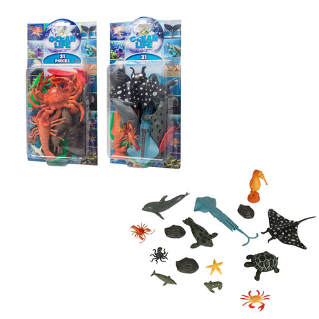 Packaged ocean life toys with individual toys displayed below on a white background