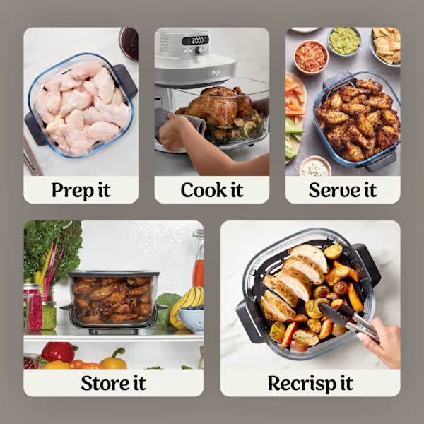 Ninja CRISPi PRO 7 in 1 XL Glass Air Fryer infographic showing five steps: prep raw chicken in blue bowl, cook chicken in air fryer with digital display, serve golden crispy chicken with side dishes in blue basket, store leftovers in glass container in refrigerator, and recrisp chicken in air fryer basket with utensil