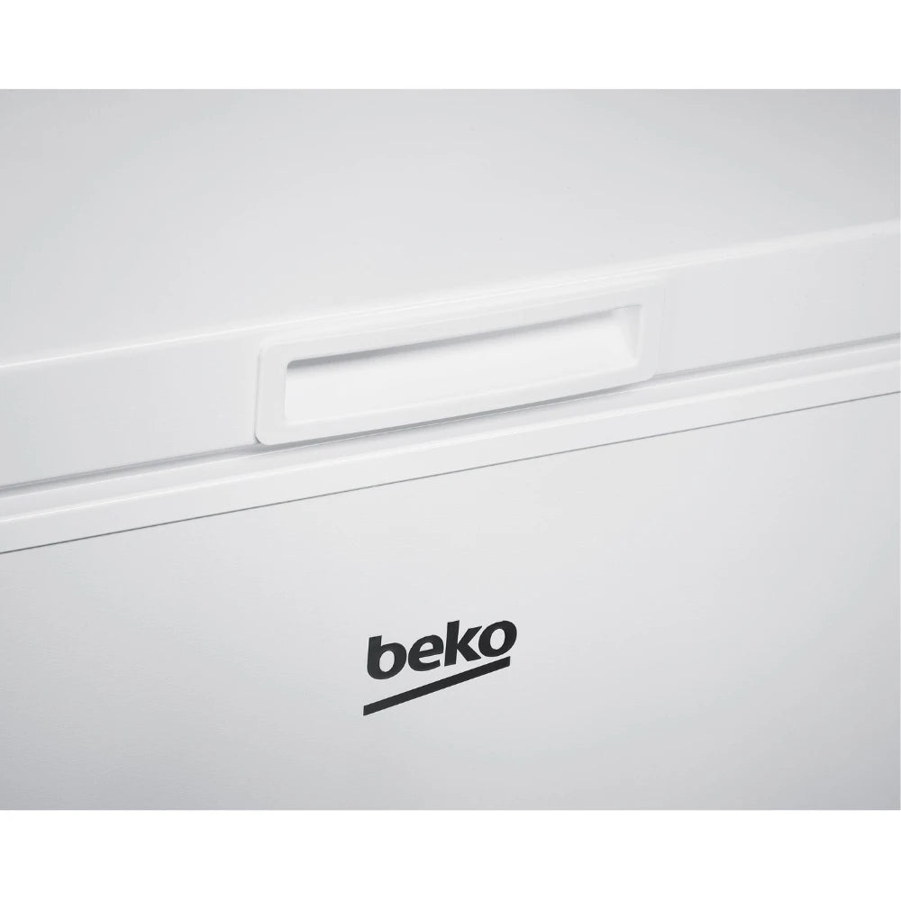 White Beko chest freezer model CF4198W with 198 litre capacity, showing top-mounted handle and brand logo on front panel