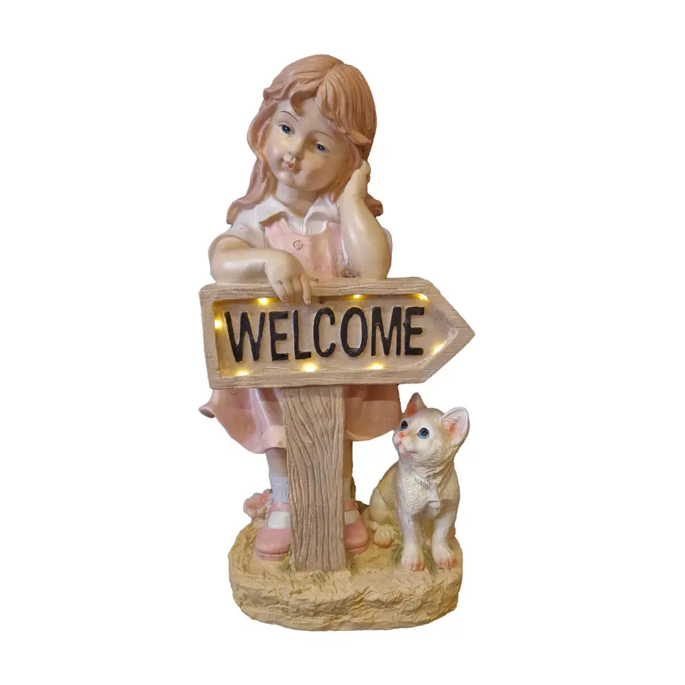 WGP Girl Dressed in Pink with her Cat Standing at Welcome Sign Solar | G0412