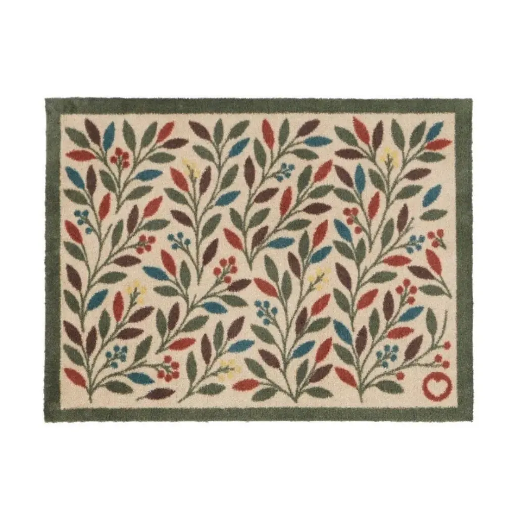 Hug Rug Runner Mat 65cm x 150cm featuring an Olive Branch design with cream background, multicolored leaves in red, green, blue and brown, and olive green border, ideal for hallways and entryways