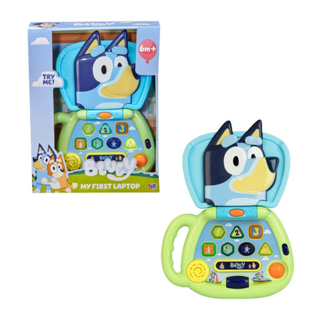 Toy laptop with character design, open and closed, in front of its packaging on a white background
