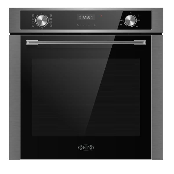 Belling BI69MFSTA built-in single multi-function oven in stainless steel and black with digital display and dual control knobs