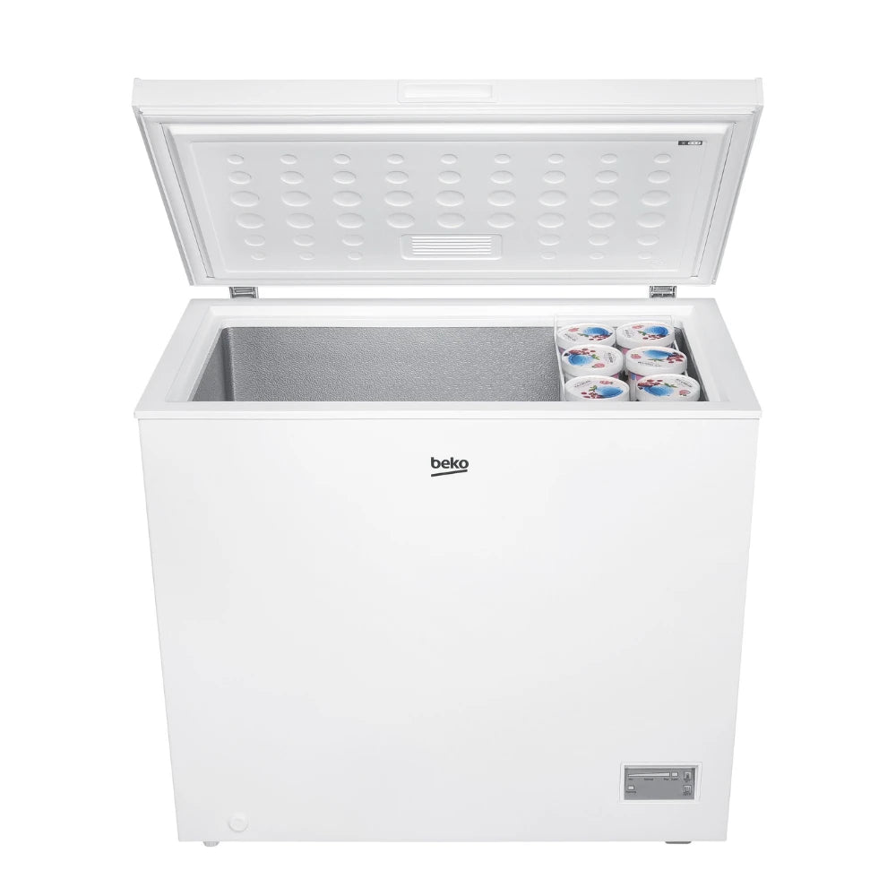 White Beko chest freezer model CF4198W with 198 litre capacity, lid open showing grey interior basket and frozen food items, digital control panel on front, appliance style suitable for kitchen or garage storage