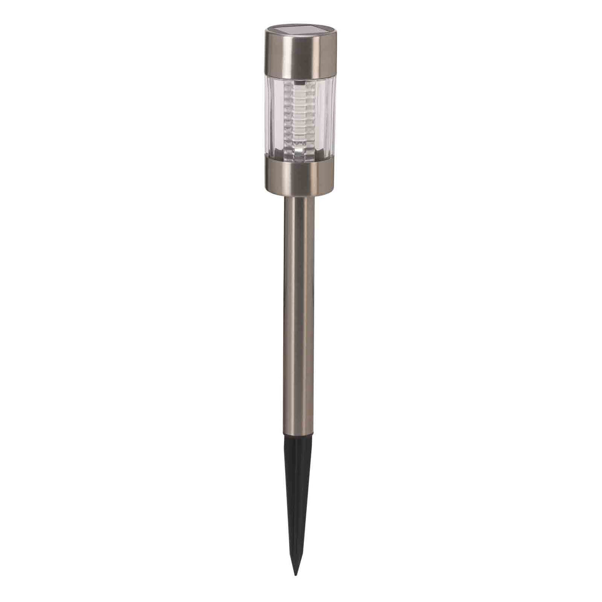 Solar garden stake light with stainless steel top and clear acrylic tube featuring LED lamp, mounted on black metal spike for ground insertion