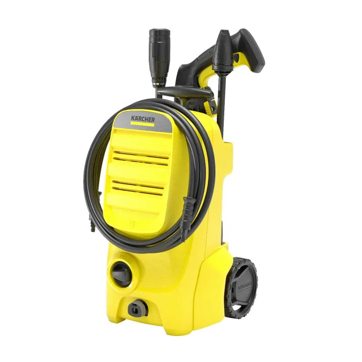 Yellow pressure washer with black hose on a white background