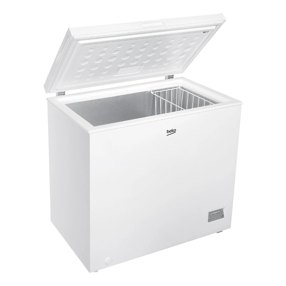 White Beko chest freezer model CF4198W with 198 litre capacity, open lid showing interior compartment and wire basket, featuring silver handles and control panel