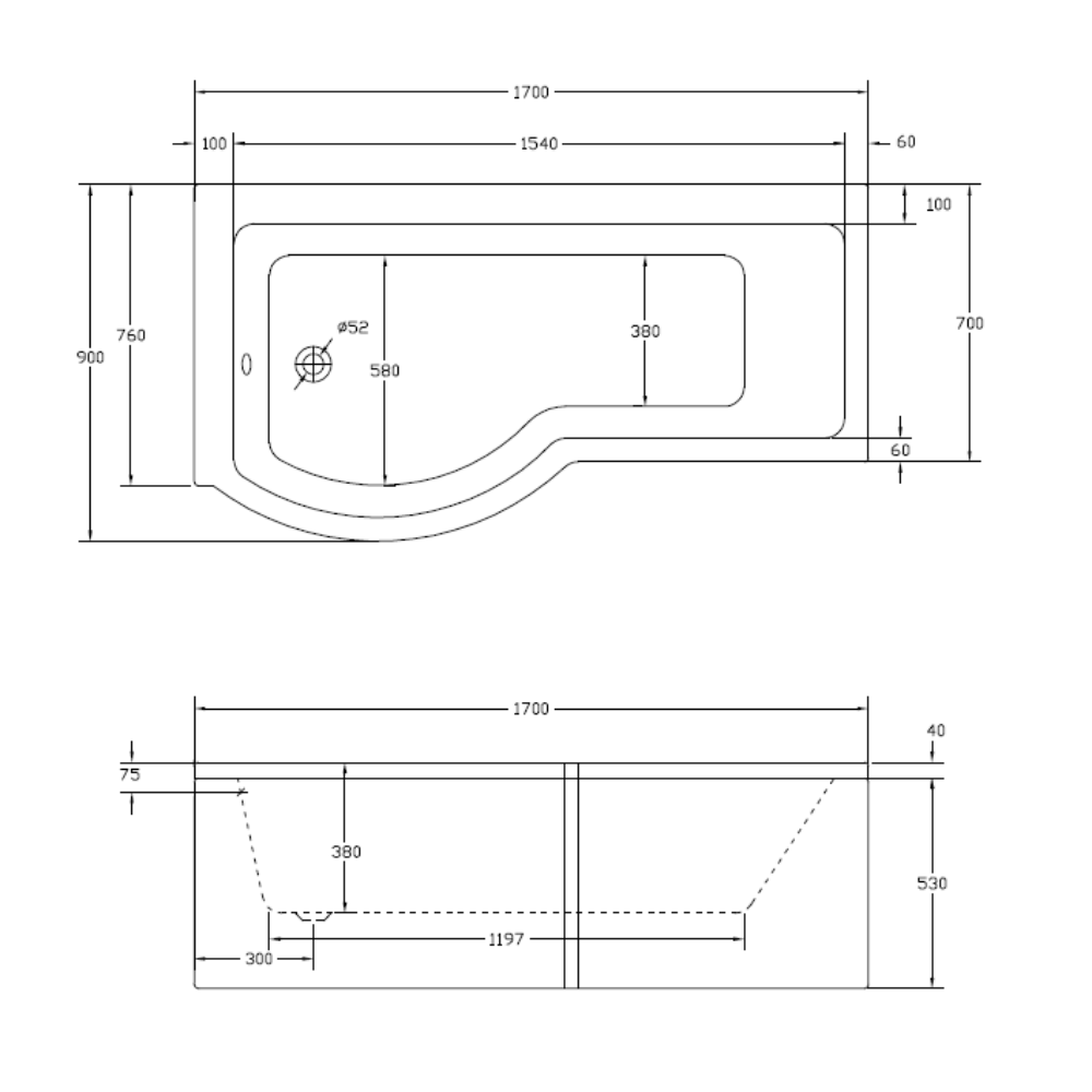P SHAPE 1700x900mm Single Ended Shower Bath & Panel White with Bath Screen Chrome