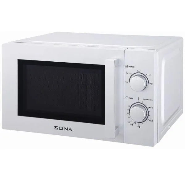 White Sona 20 litre manual microwave with 700w power, featuring a black viewing window and dual rotary control knobs on the right side