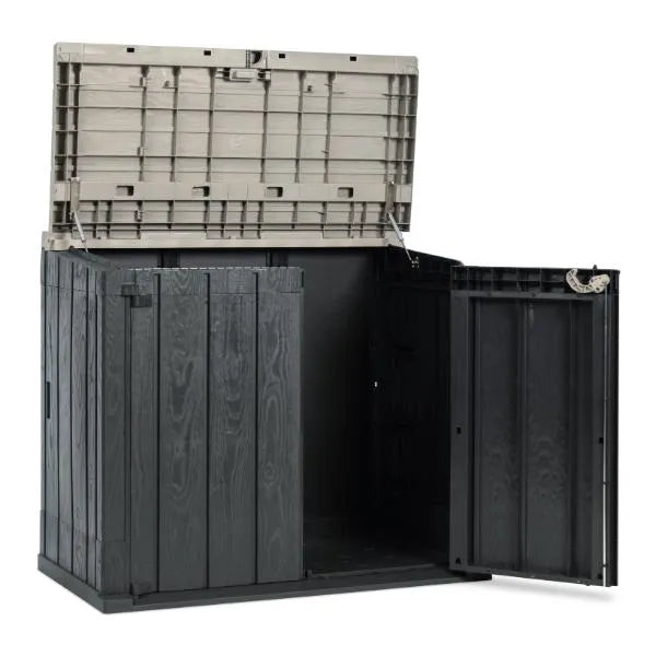 Toomax Storer Plus garden storage unit with open lid and doors showing interior space, featuring anthracite grey plastic construction with wood-grain texture, 842 litre capacity