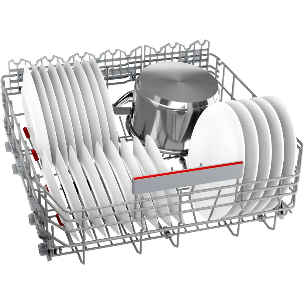 Bosch Series 6 integrated dishwasher with open basket showing white plates, stainless steel pot, and red handle detail inside metal wire racks