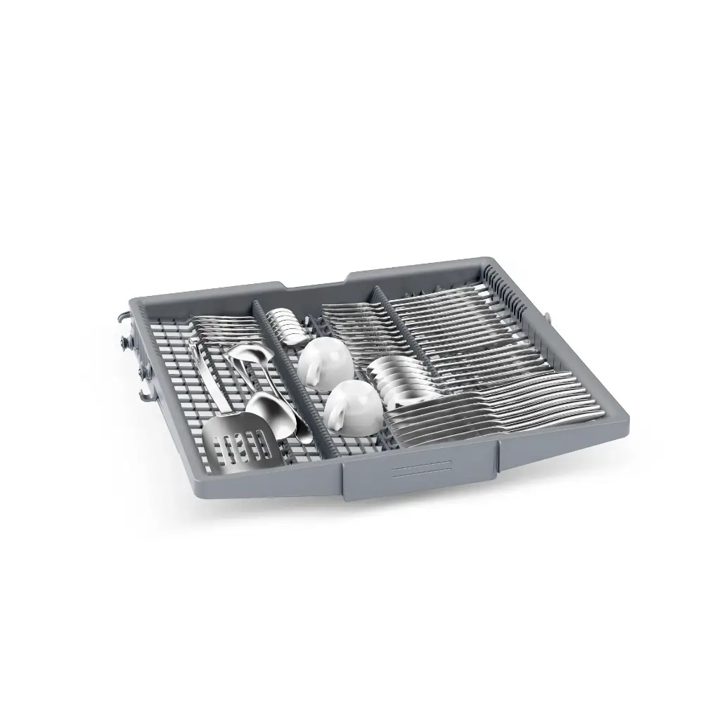 Bosch Series 6 integrated dishwasher basket showing gray plastic interior with stainless steel cutlery and place settings including plates, bowls, cups and utensil holders