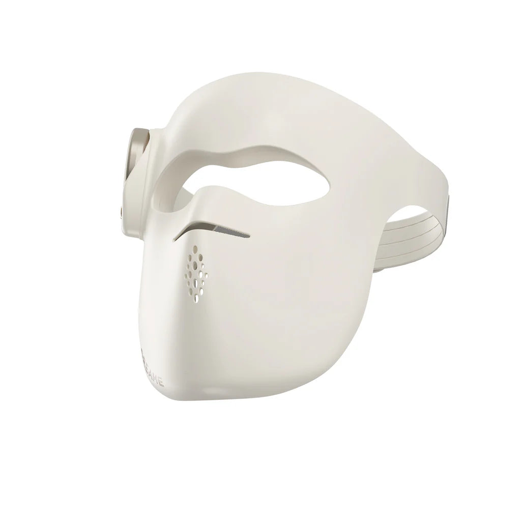 Dreame Chrona white LED face mask with adjustable straps and perforated ventilation panel, front-facing product view on white background