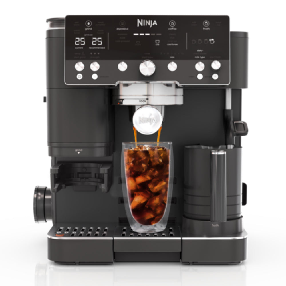 Ninja coffee maker dispensing iced coffee into a glass on a white background